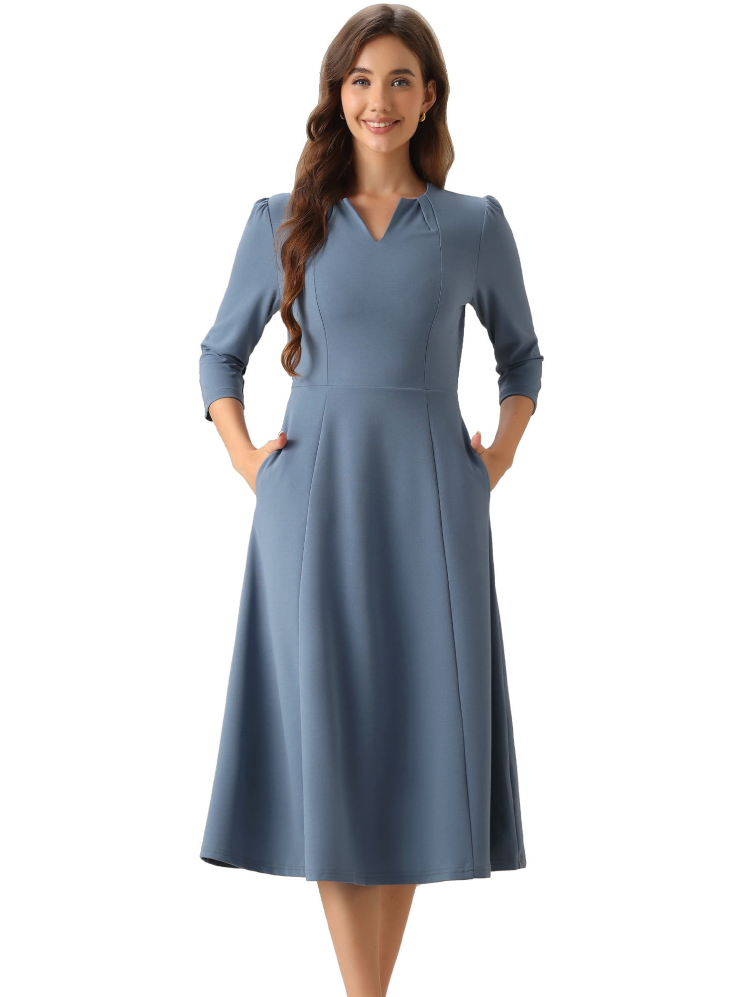 DARING DIVA Work Office Elegant 3/4 Sleeve V Neck A-Line Dress M Gray Blue