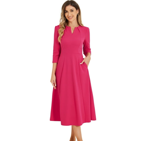 DARING DIVA Work Office Elegant 3/4 Sleeve V Neck A-Line Dress M Hot Pink