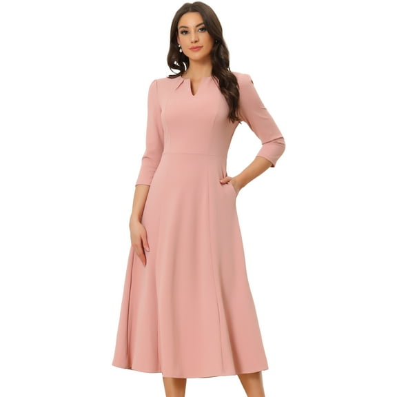 DARING DIVA Work Office Elegant 3/4 Sleeve V Neck A-Line Dress M Pink