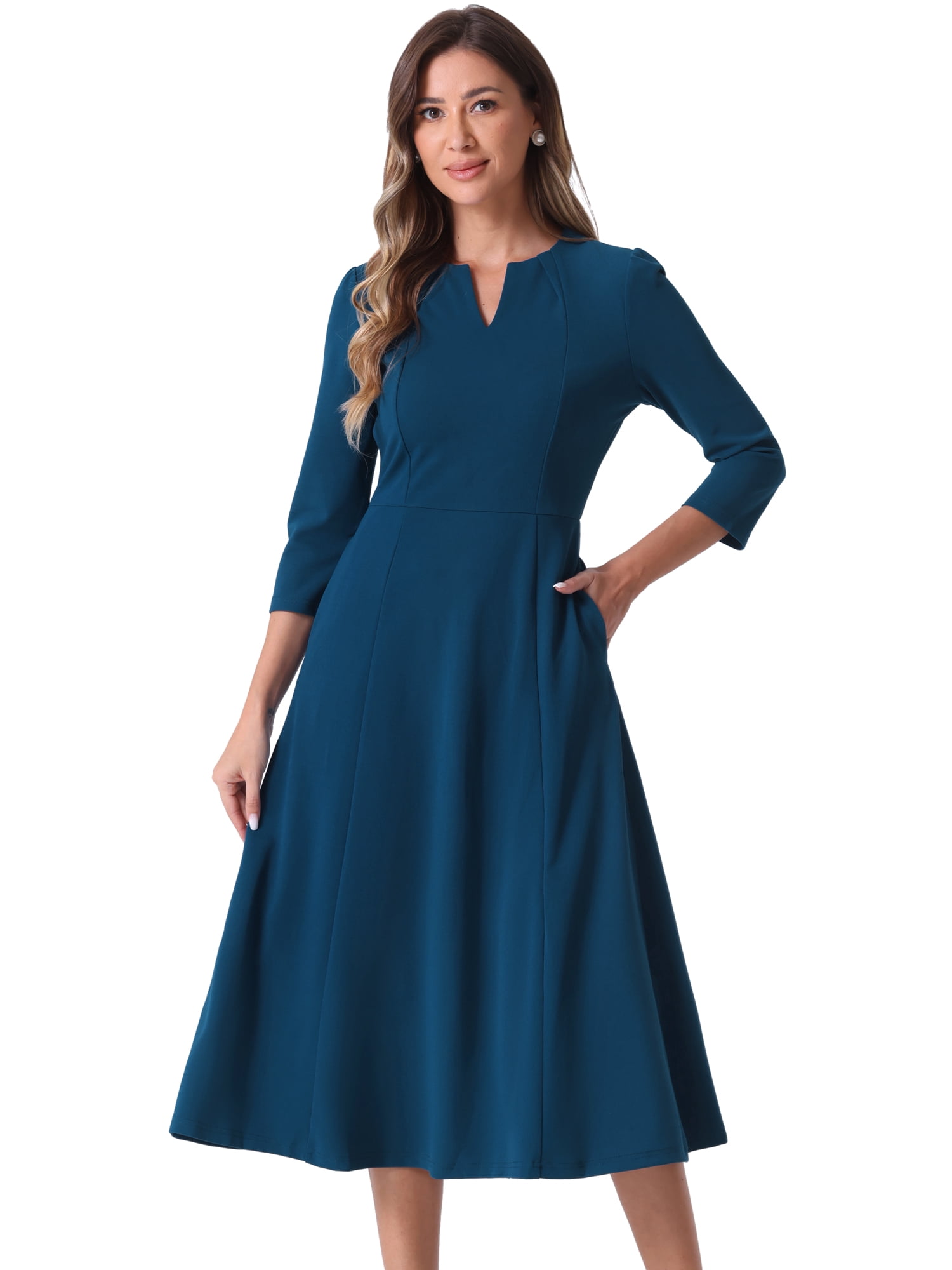 DARING DIVA Work Office Elegant 3/4 Sleeve V Neck A-Line Dress XL Dark Blue