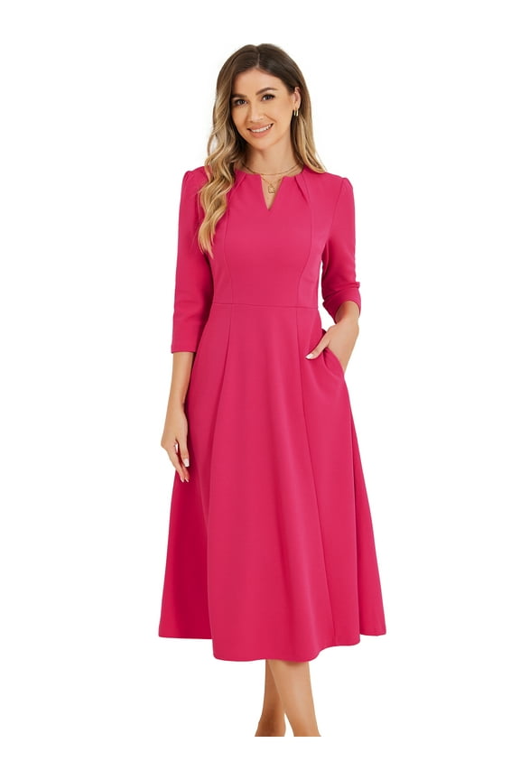 Work Office Elegant 3/4 Sleeve V Neck A-Line Dress XL Hot Pink