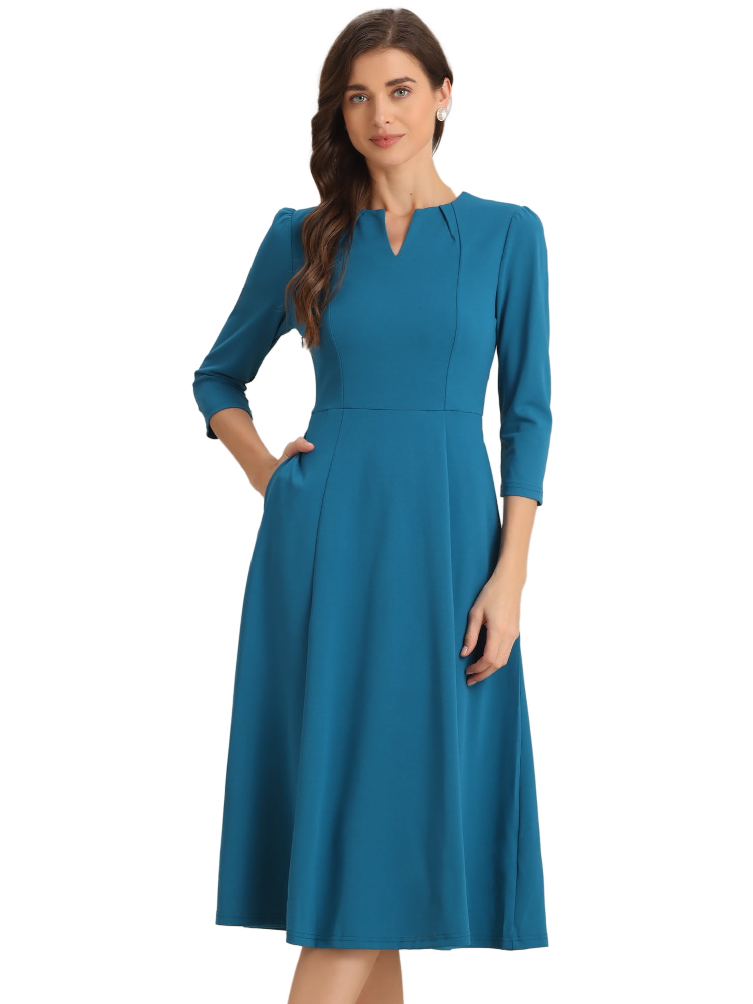 DARING DIVA Work Office Elegant 3/4 Sleeve V Neck A-Line Dress XL Peacock Blue