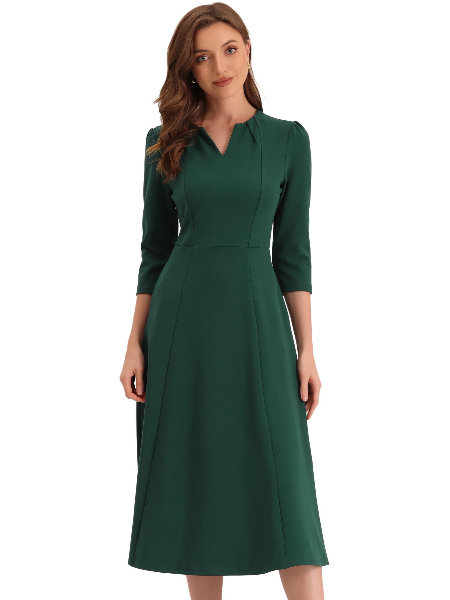 DARING DIVA Work Office Elegant 3/4 Sleeve V Neck A-Line Dress XS Dark Green