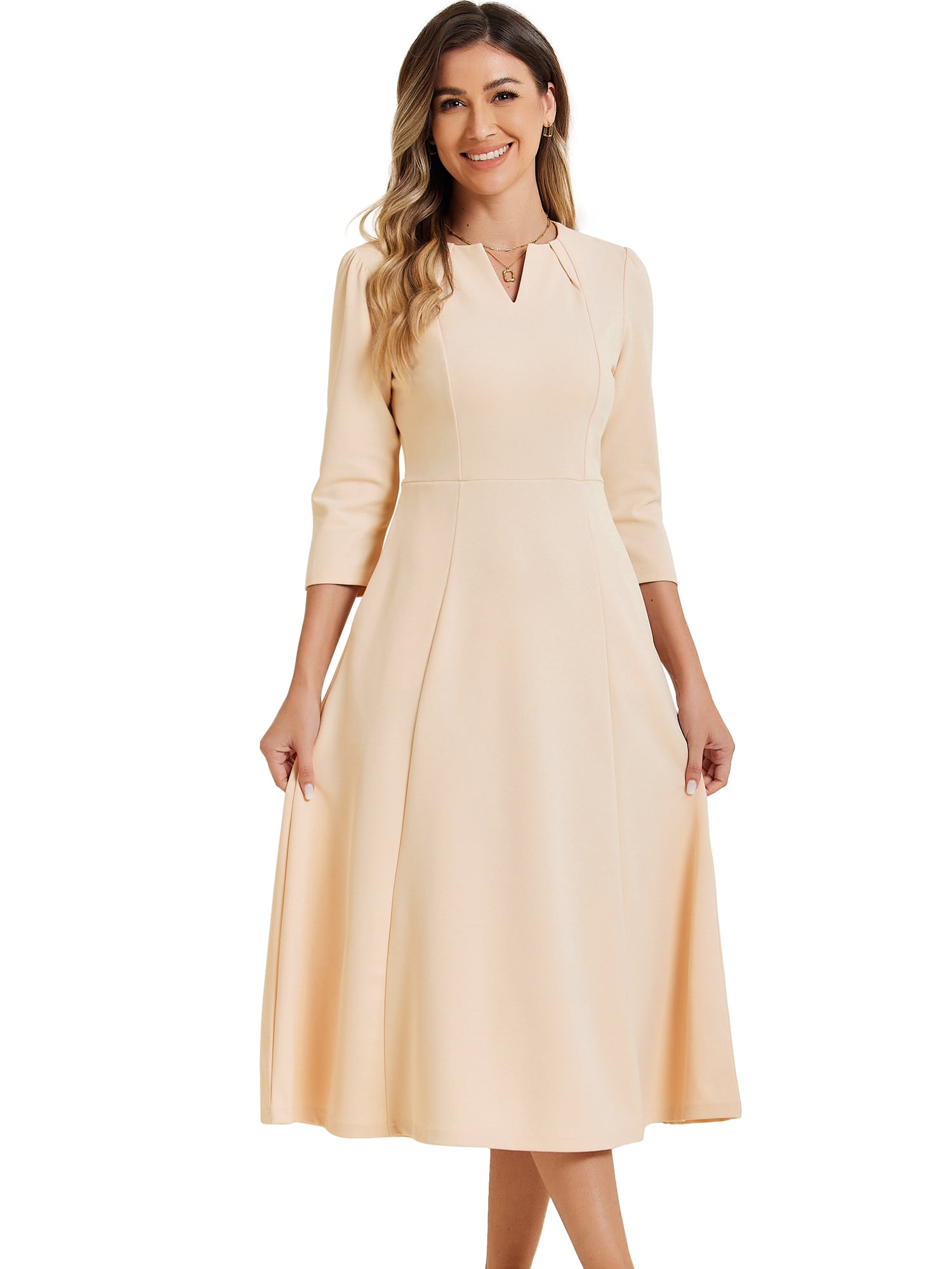 DARING DIVA Work Office Elegant 3/4 Sleeve V Neck A-Line Dress XS Deep Apricot