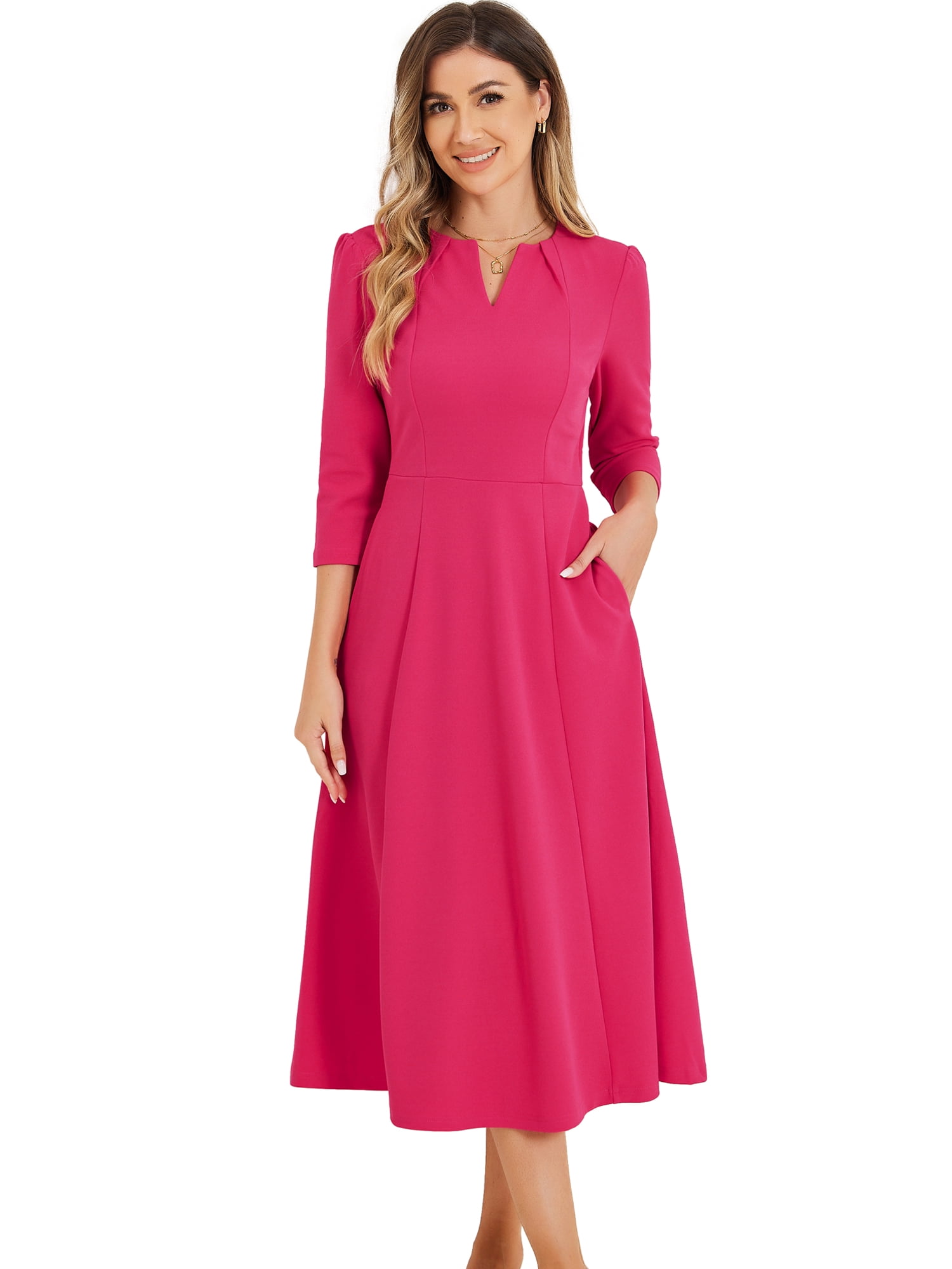 DARING DIVA Work Office Elegant 3/4 Sleeve V Neck A-Line Dress XS Hot Pink