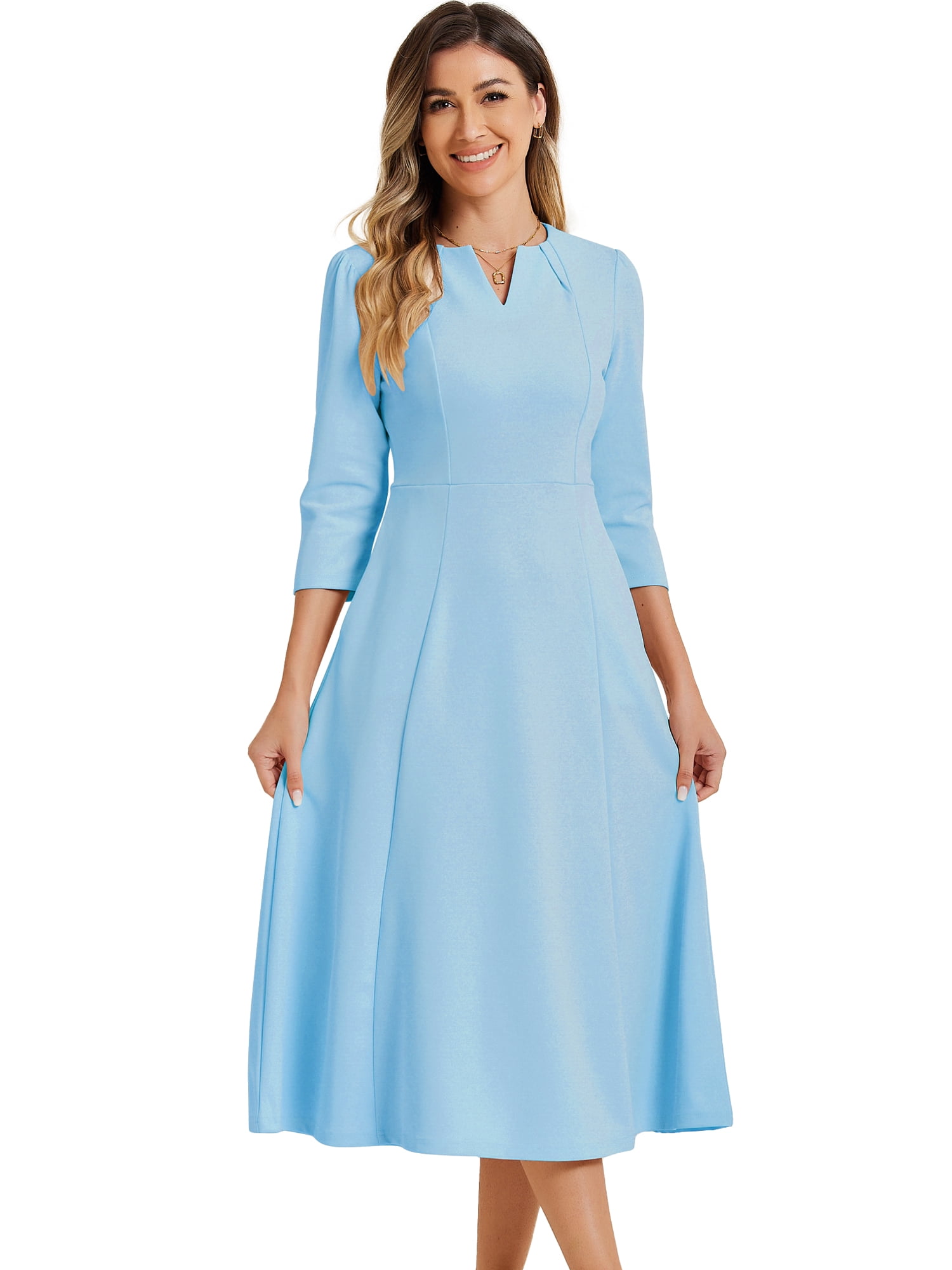 DARING DIVA Work Office Elegant 3/4 Sleeve V Neck A-Line Dress XS Light Blue