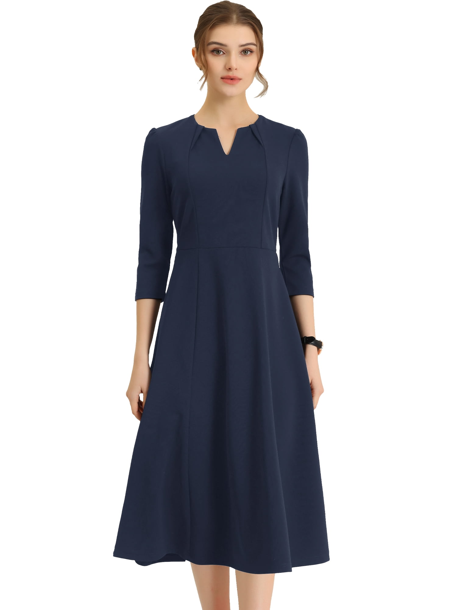 DARING DIVA Work Office Elegant 3/4 Sleeve V Neck A-Line Dress XS Navy Blue