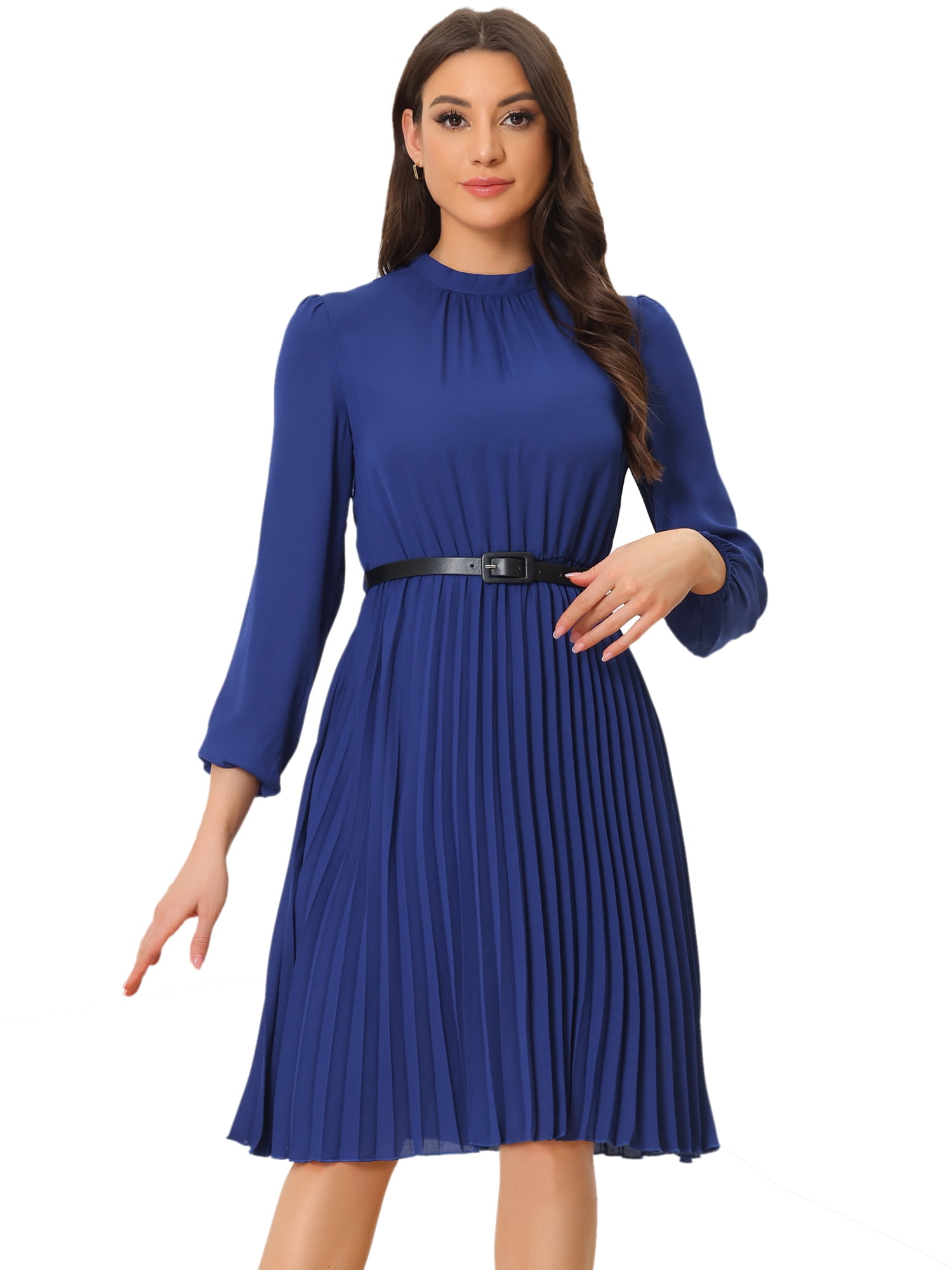 DARING DIVA Work Shirt Long Sleeve Pleated Midi Dress L Royal Blue