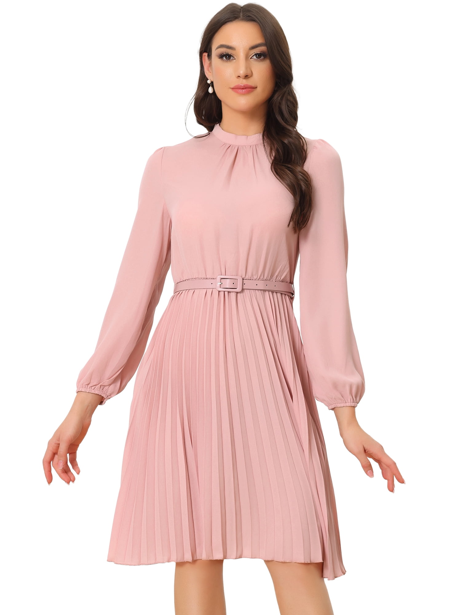 DARING DIVA Work Shirt Long Sleeve Pleated Midi Dress S Light Pink