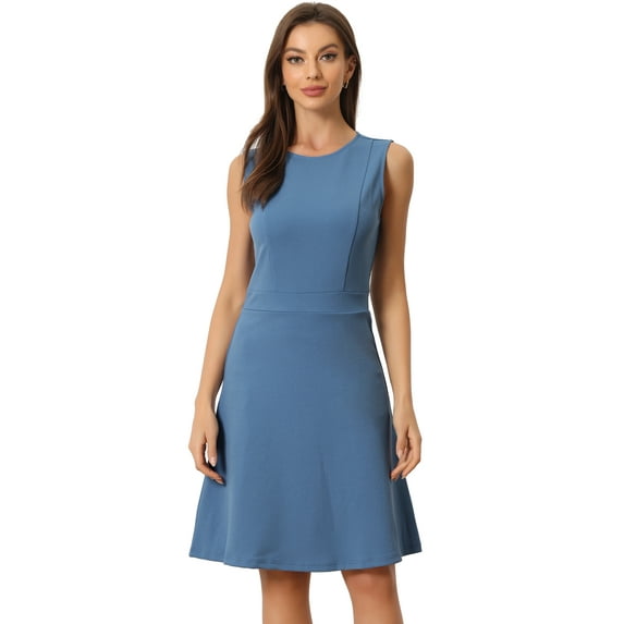 DARING DIVA Work Solid Color Sleeveless A-Line Flared Dresses M Grayish Blue