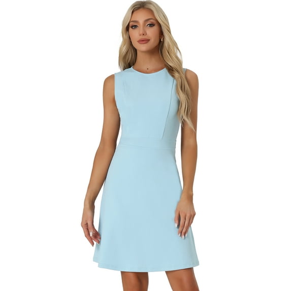 DARING DIVA Work Solid Color Sleeveless A-Line Flared Dresses M Light Blue