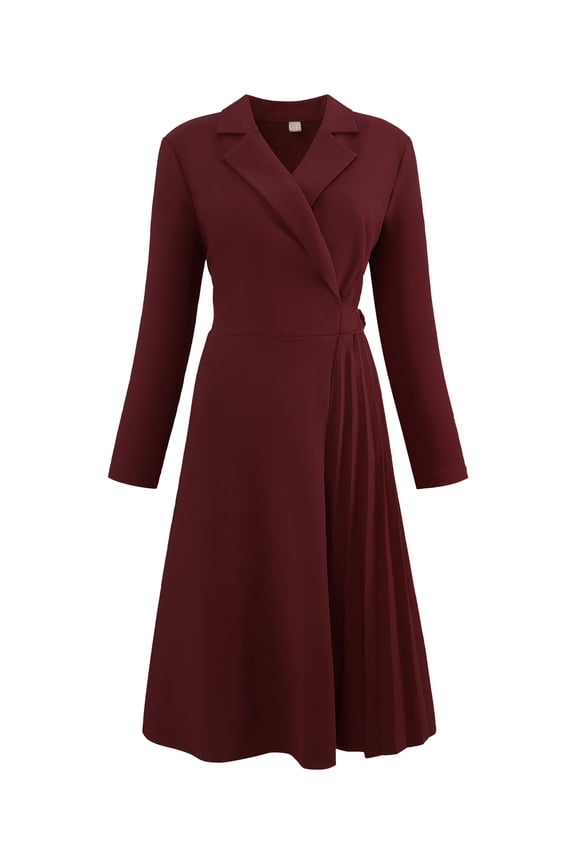 Wrap A-Line Pleated Midi Long Sleev Dress L Wine Red