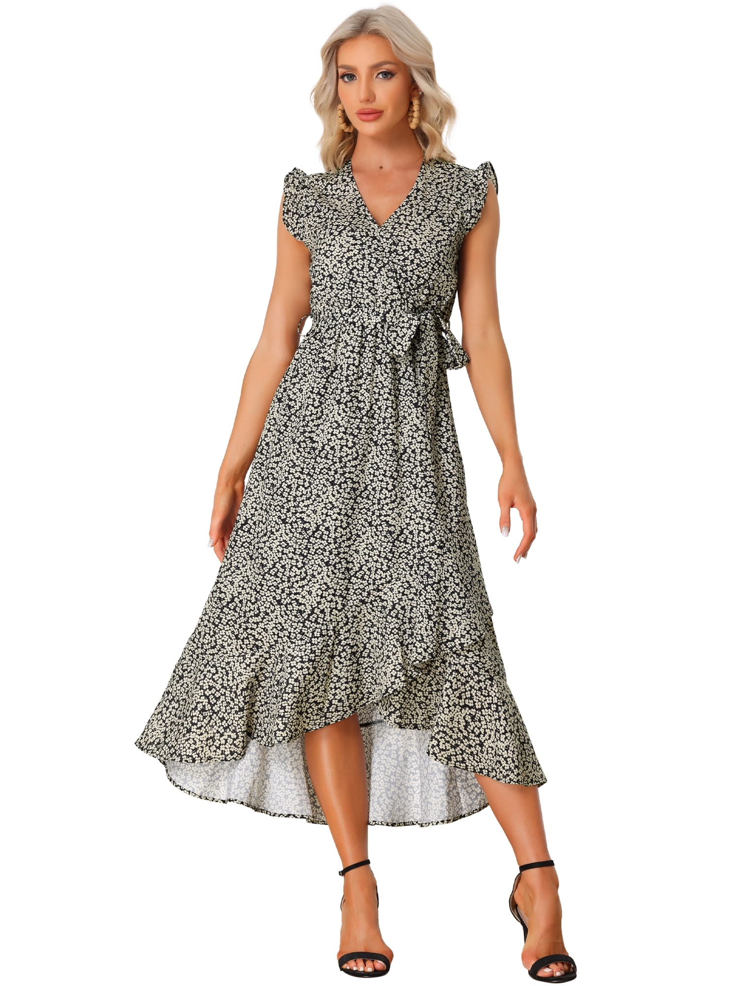 DARING DIVA Wrap Belted Ruffles Floral Midi Sundress XS Black