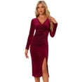 thumbnail image 1 of DARING DIVA Wrap Ruched Split Cocktail Velvet Dress L Dark Red, 1 of 6