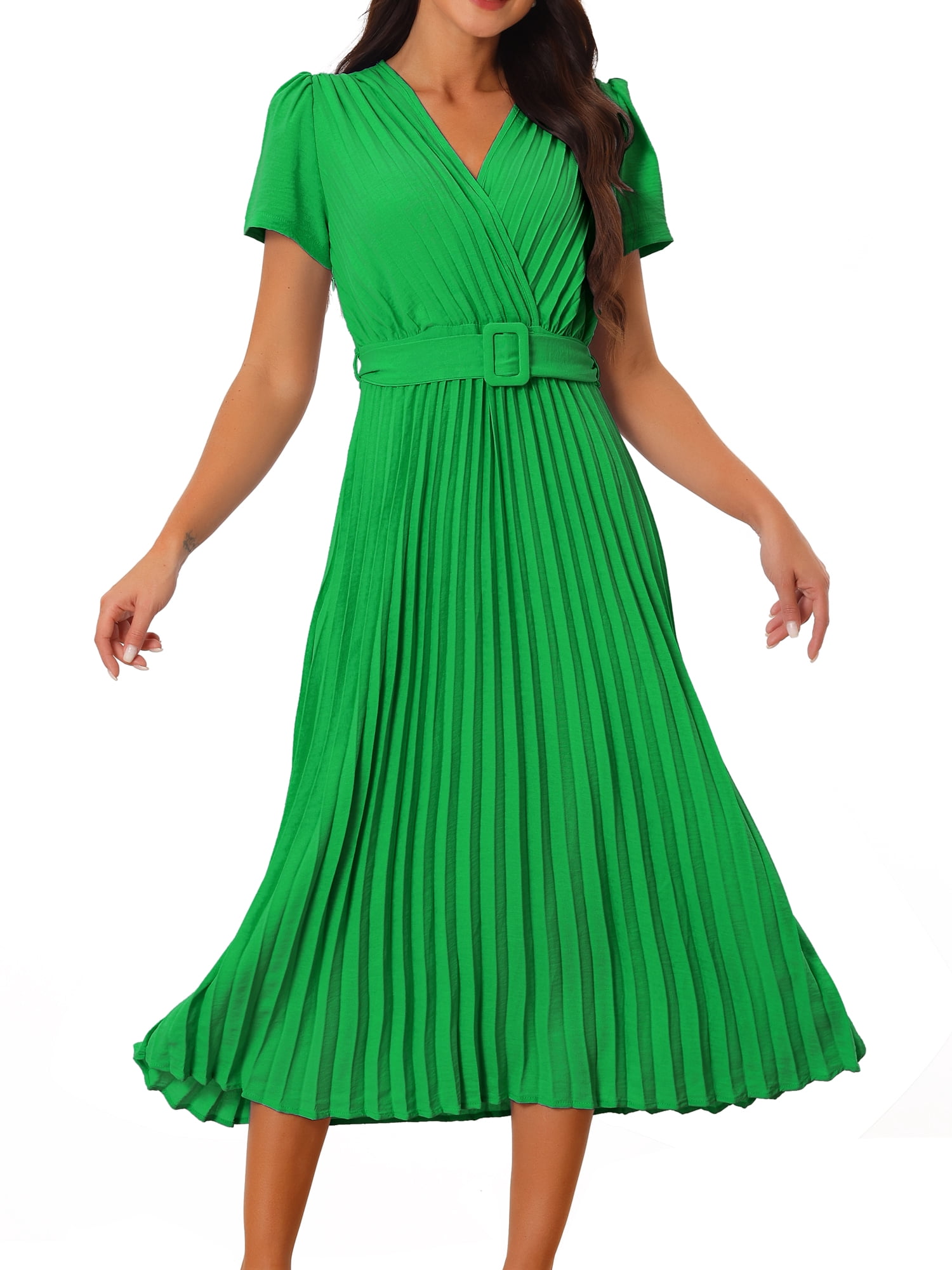 DARING DIVA Wrap V Neck Flowy Pleated Midi Dress S Green