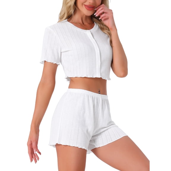 DARING DIVA Y2K Crop Tops with Shorts Knit Button-Down Pajama Sets M White