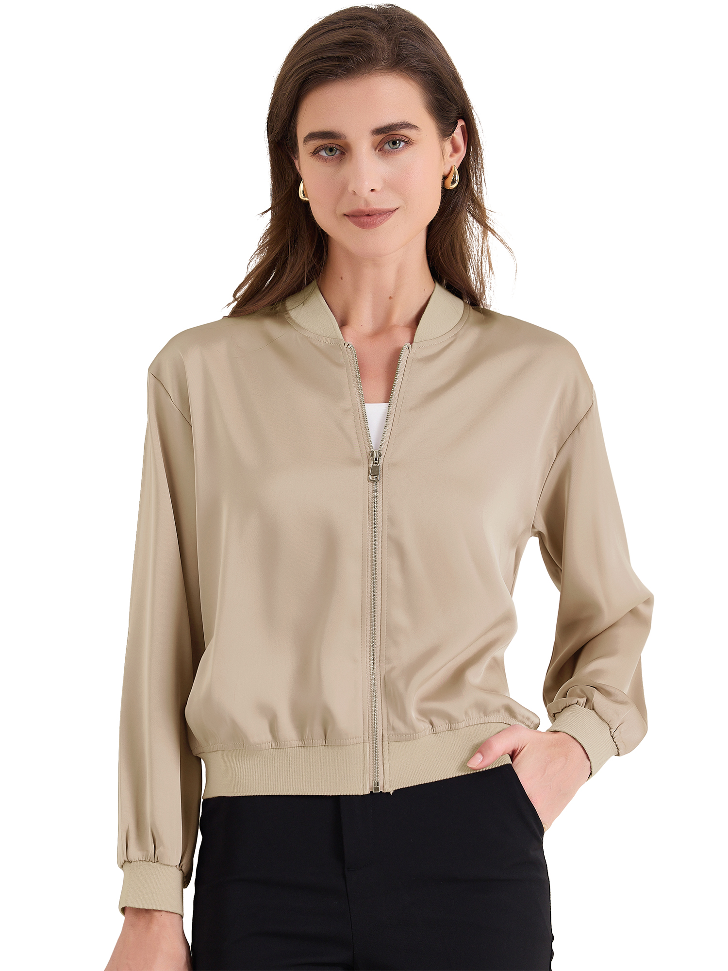 DARING DIVA Zip Up Coat Long Sleeve Outerwear  Lightweight Top S Champagne