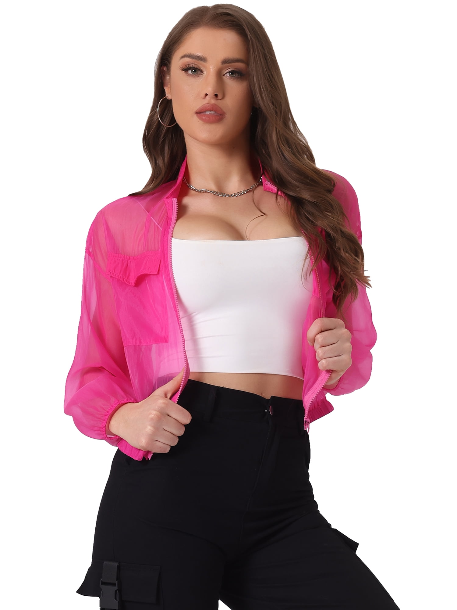 DARING DIVA Zip Up Long Sleeve See Through Sheer Bomber Jackets XS Hot ...