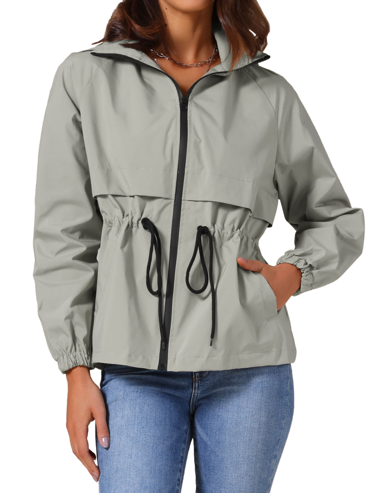 DARING DIVA Zipper Lightweight Hiking Hooded Windbreaker Raincoat 2XL Grey
