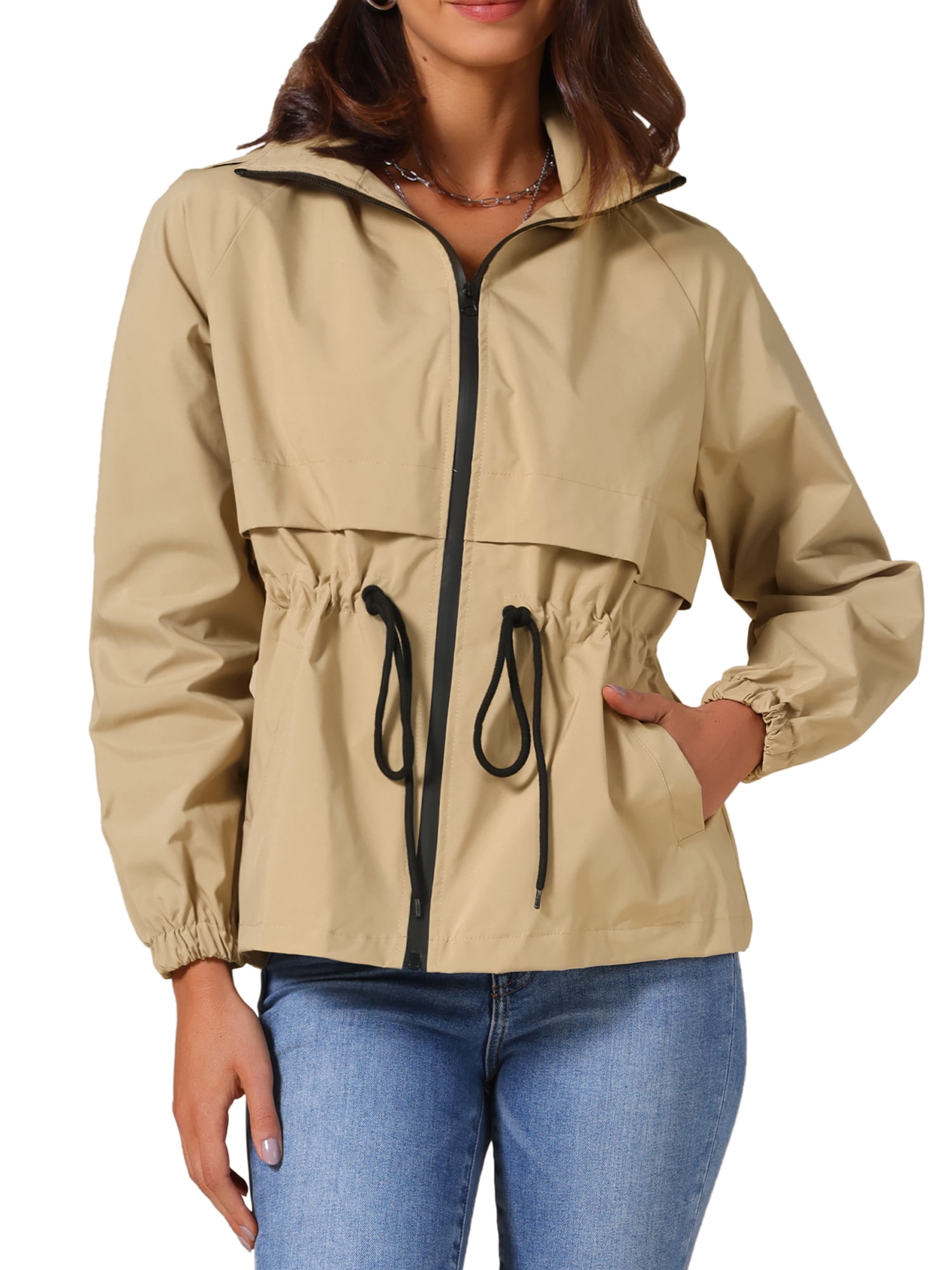 DARING DIVA Zipper Lightweight Hiking Hooded Windbreaker Raincoat 2XL Khaki
