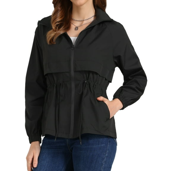 DARING DIVA Zipper Lightweight Hiking Hooded Windbreaker Raincoat S Black