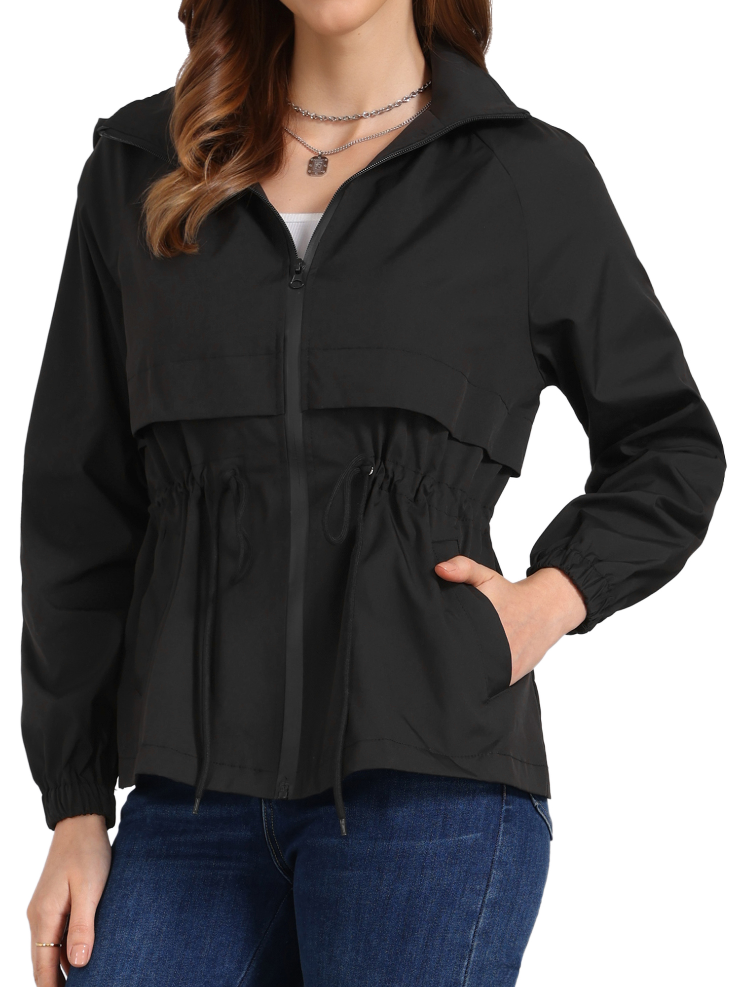 DARING DIVA Zipper Lightweight Hiking Hooded Windbreaker Raincoat XL Black