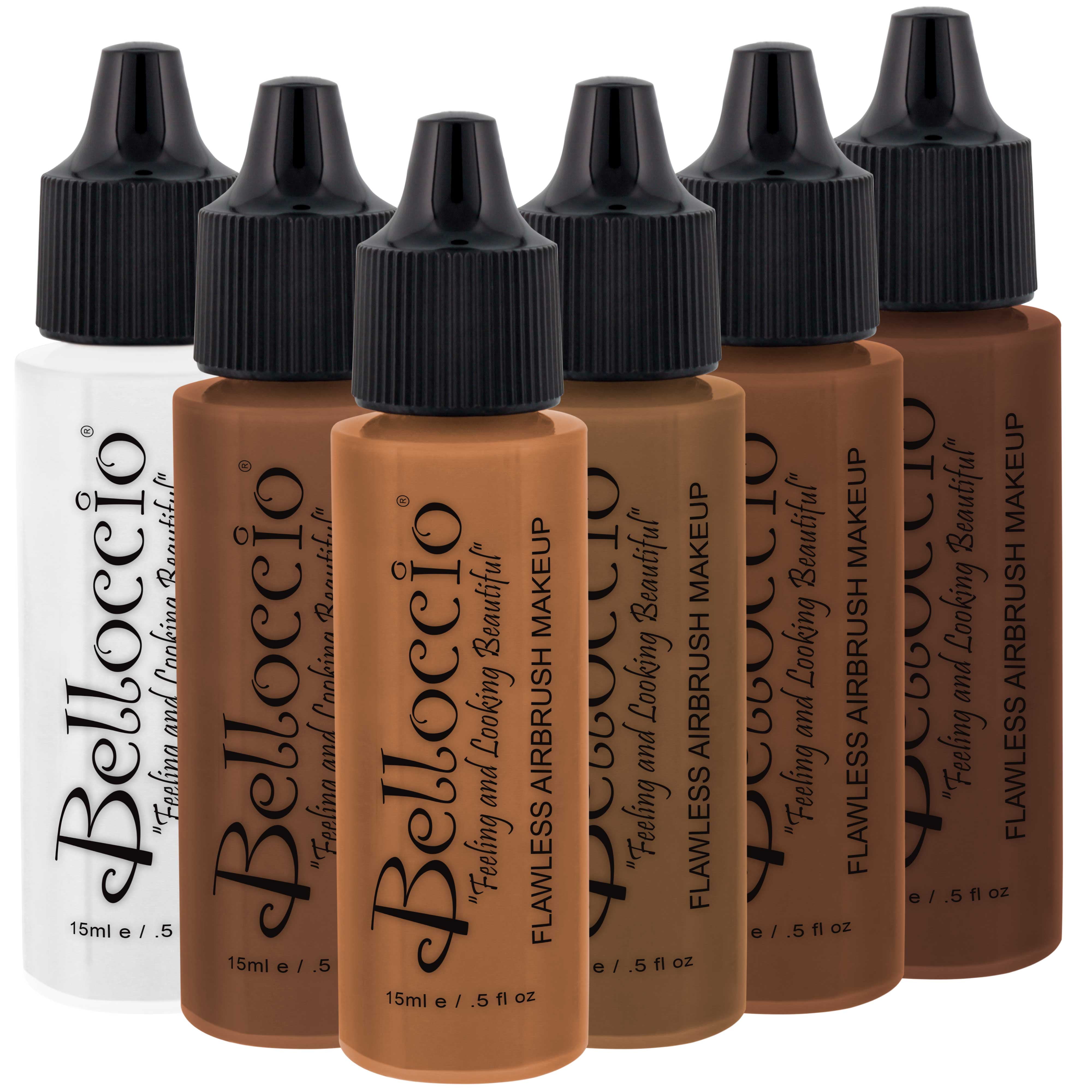 Belloccio Airbrush Cosmetic Makeup System with a MASTER SET of All 17  Foundation Shades plus Blush, Shimmer and Bronzer All in 1/2 oz bottles  Deluxe 1/2-Oz Set All 17 Shades