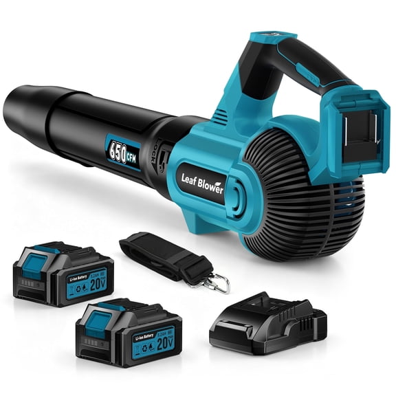 DARKIRON Leaf Blower Cordless,2 x 5.2 Ah Batteries & Charger, Up to 650CFM/280MPH, 3 Variable Speed,Powerful Leaf Blower for Blowing Leaves, Lawn Care, Yard, Dust and Snow (Blue)