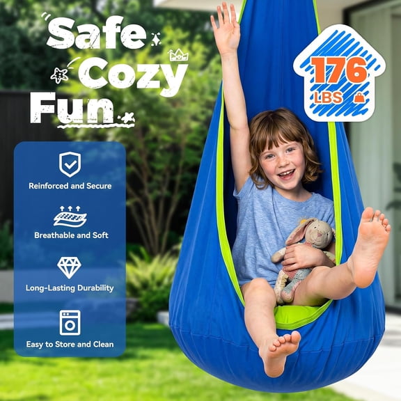 DARKIRON Pod Swing for Kids, Sensory Indoor Hanging Hammock Chair with Inflatable Pillow Sensory Cocoon Pod Swing Seat for Kids with Pocket for Indoor and Outdoor (Blue)