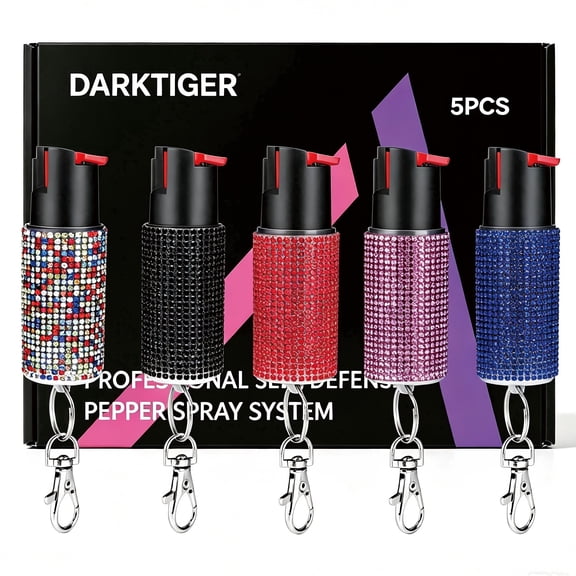 DARKTIGER Pepper Spray Keychain for Women, 5 Pack Bling Rhinestone Self Defense Compact Safety Defense Spray with Key Ring, Portable Personal Security Protection Device for Walking Travel Camping.