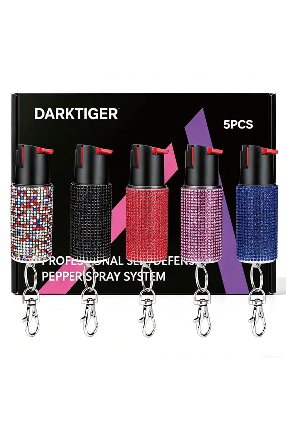 Pepper Spray Keychain for Women, 5 Pack Bling Rhinestone Self Defense Compact Safety Defense Spray with Key Ring, Portable Personal Security Protection Device for Walking Travel Camping.