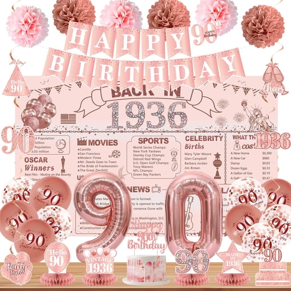 DARUNAXY 90th Birthday Party Decorations for Women, Rose Back in 1936 Banner, Rose 90 Number Balloons & Cake Topper, Vintage 1936 90 Birthday Honeycomb Hanging Swirl Confetti Balloons(30PC) Y114