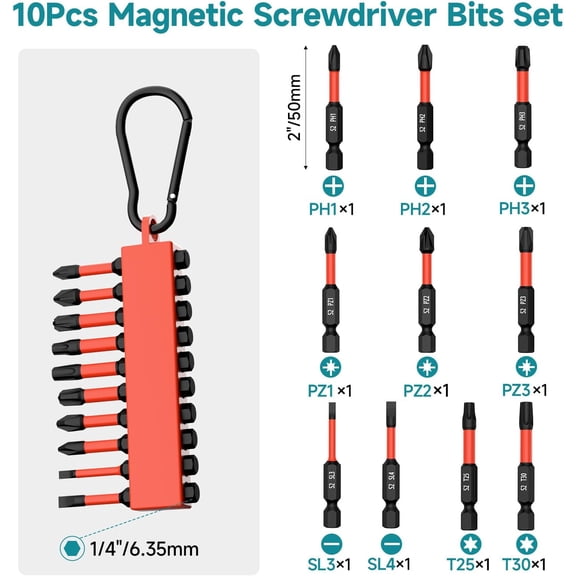 DASAW-10Pcs Magnetic Screwdriver Bits Set, 1/4 Inch Hex Screwdriver Impact Kit, 2 Inch Long, Used for Power Screwdrivers and Electric Drill Drivers