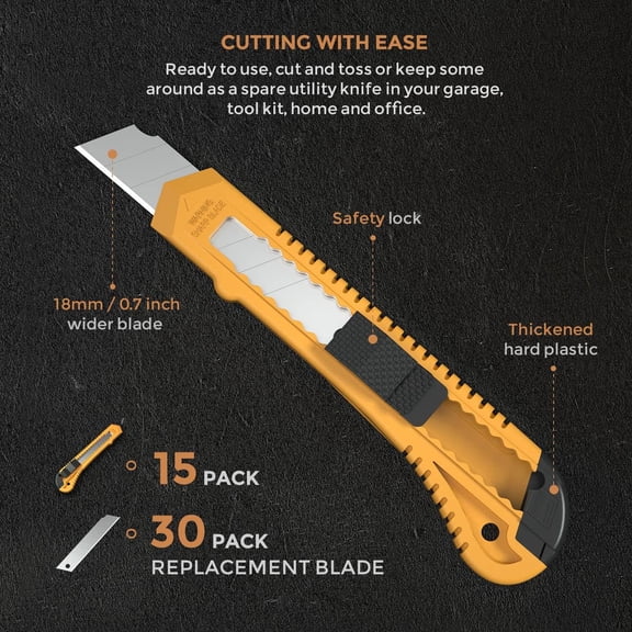 DASAW-15 Pack Utility Knives with 30 PCS Extra Blades, Plastic Box Cutters Bulk Retractable Razor Knife Snap Off Blades 18mm for Heavy Duty Office, Home, Arts Crafts, Hobby