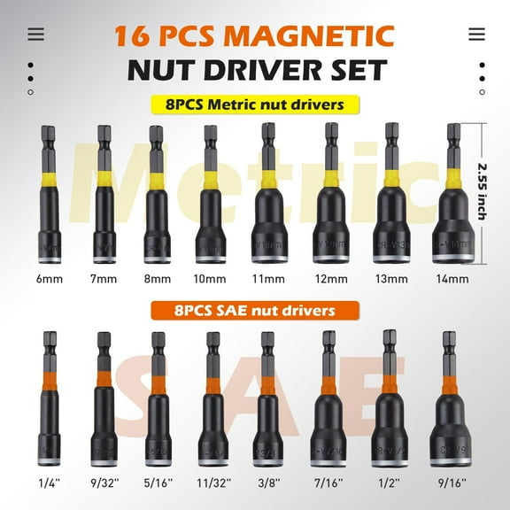 DASAW-16Pcs Magnetic Nut Driver Set, Nut Driver Set for Impact Drill, 1/4" Quick-Change Hex Shank | SAE & Metric | Cr-V Steel, Impact Nut Driver Set, Nut Drivers for Stainless Steel Bolts