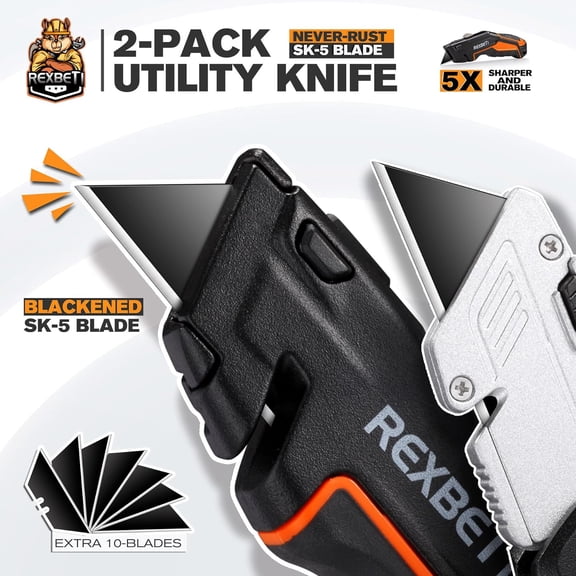 DASAW-2-Pack Utility Knife, SK5 Heavy Duty Retractable Box Cutter for Cartons, Cardboard and Boxes, Blade Storage Design, Extra 10 Blades IncludedTotal 18 Blades
