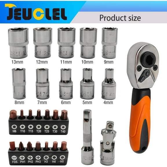 DASAW-27PCS 1/4" Drive Mini Ratchet Set with Bits, Hex, Torx, Phillips, Flat Head, Universal Joint Socket and Extension Bar, 72 T Quick Release Mini Ratchet Wrench Screwdriver Bits for Tight Spaces