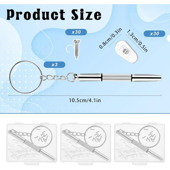 DASAW-3 Pcs Eyeglass Screwdriver Repair Kit, 3-in-1 Mini Glasses Screwdrivers, Eyeglass Repair Kit with 30 pcs Nose Pads & 33 Screws Eyeglasses Screw Replacement Set for Watch Clock Spectacle Repair