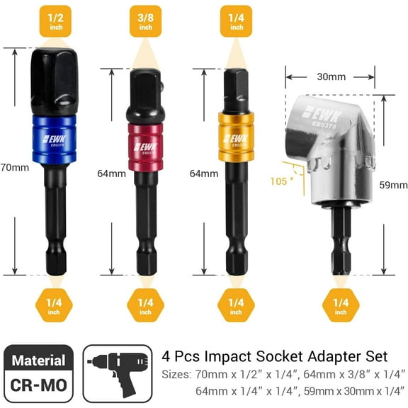DASAW-4 Pcs CR-MO Impact Grade Socket Adapter Extension Set - 1/4" 3/8" 1/2" Drive and 105 Right Angle Screwdriver Drill Bit for Impact Driver, Drill and Ratchet