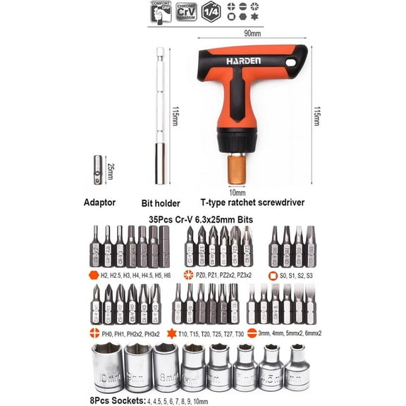 DASAW-46 Piece Ratchet Screwdriver Set - Pro T Type Ratchet Screwdriver with Quick Release - Magnetic Tips includes Phillips, Slotted, Hex,Torx,Pozi,Square - 4-10mm Socket Set - Ergo Handle