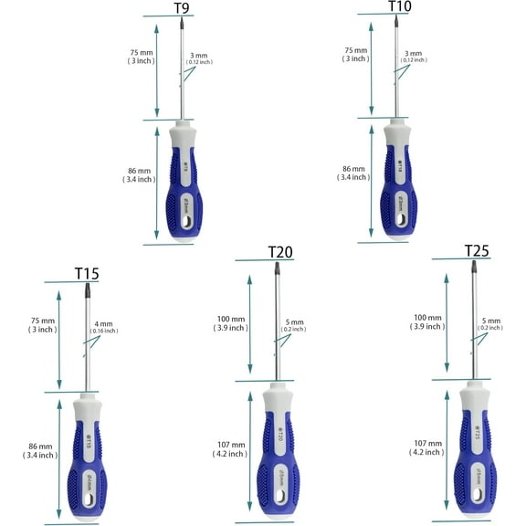 DASAW-5Pcs Magnetic Torx Screwdrivers Set with Comfortable Handle, Steel Torx Driver Screwdriver Set Repair Tool, (T9, T10, T15, T20, T25), Blue