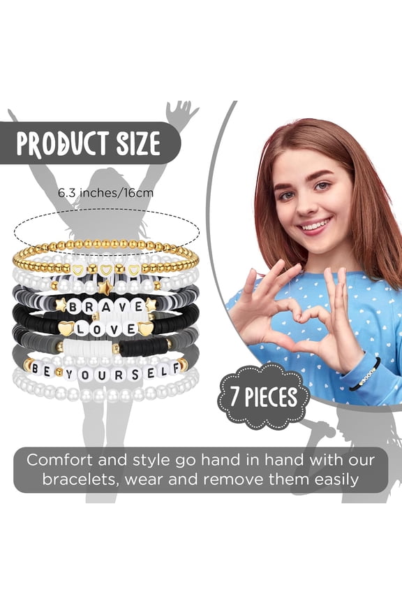 -7 Pcs Friendship Bracelets for Women Teen Girls Preppy Clay Bead Heishi Surfer Bracelets Stretch Stackable Boho Y2k(Gray)