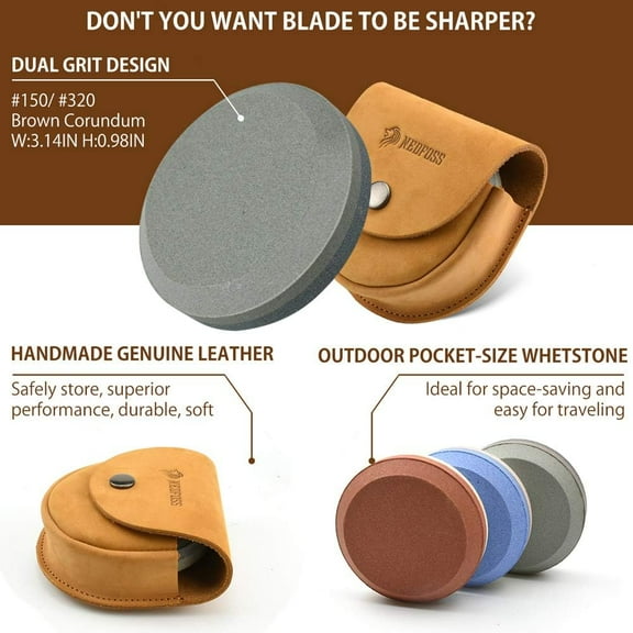 DASAW-Axe Sharpener Tool with Leather Sheath, Sharpening Puck Whetstone Hatchet & Tool Sharpening Stone, Dual Grit Multi-Purpose Sharpener (Brown)