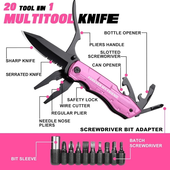DASAW-Best Friend Gift for Women, FOREVER MY FRIEND P-ink Multitool Knife, Best Friend Gift, Christmas Birthday Gifts Ideas for Best friend