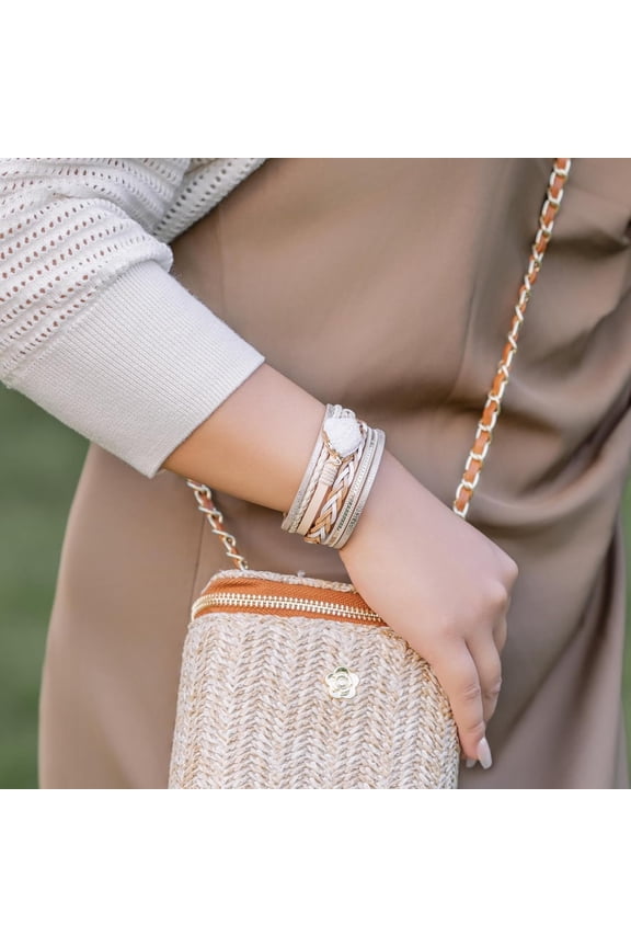 -Braided Leather Bangle Bracelets Boho Resin Stone Wrap Bracelets Stackable Cuff Bracelets with Magnetic Clasp for Women