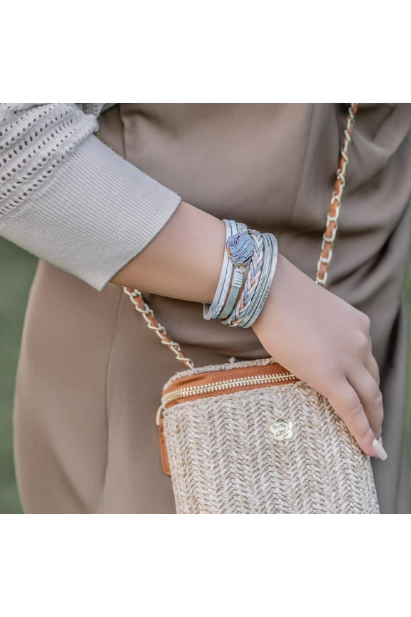 -Braided Leather Bangle Bracelets Boho Resin Stone Wrap Bracelets Stackable Cuff Bracelets with Magnetic Clasp for Women