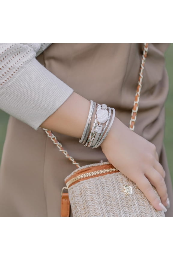 -Braided Leather Bangle Bracelets Boho Resin Stone Wrap Bracelets Stackable Cuff Bracelets with Magnetic Clasp for Women