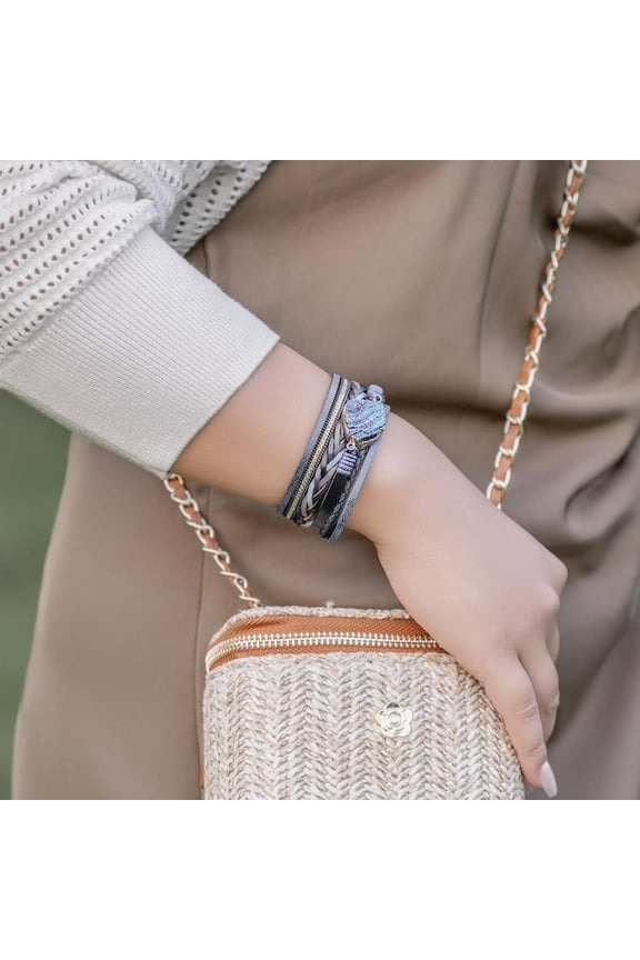 -Braided Leather Bangle Bracelets Boho Resin Stone Wrap Bracelets Stackable Cuff Bracelets with Magnetic Clasp for Women