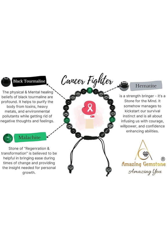 -Cancer Fighter Bracelets - Malachite Hematite Black Tourmaline Bracelet Set for Men Women Healing Crystal Gifts for Breast Cancer, Lung Cancer, Bowel Cancer, Prostate Cancer (Adjustable)