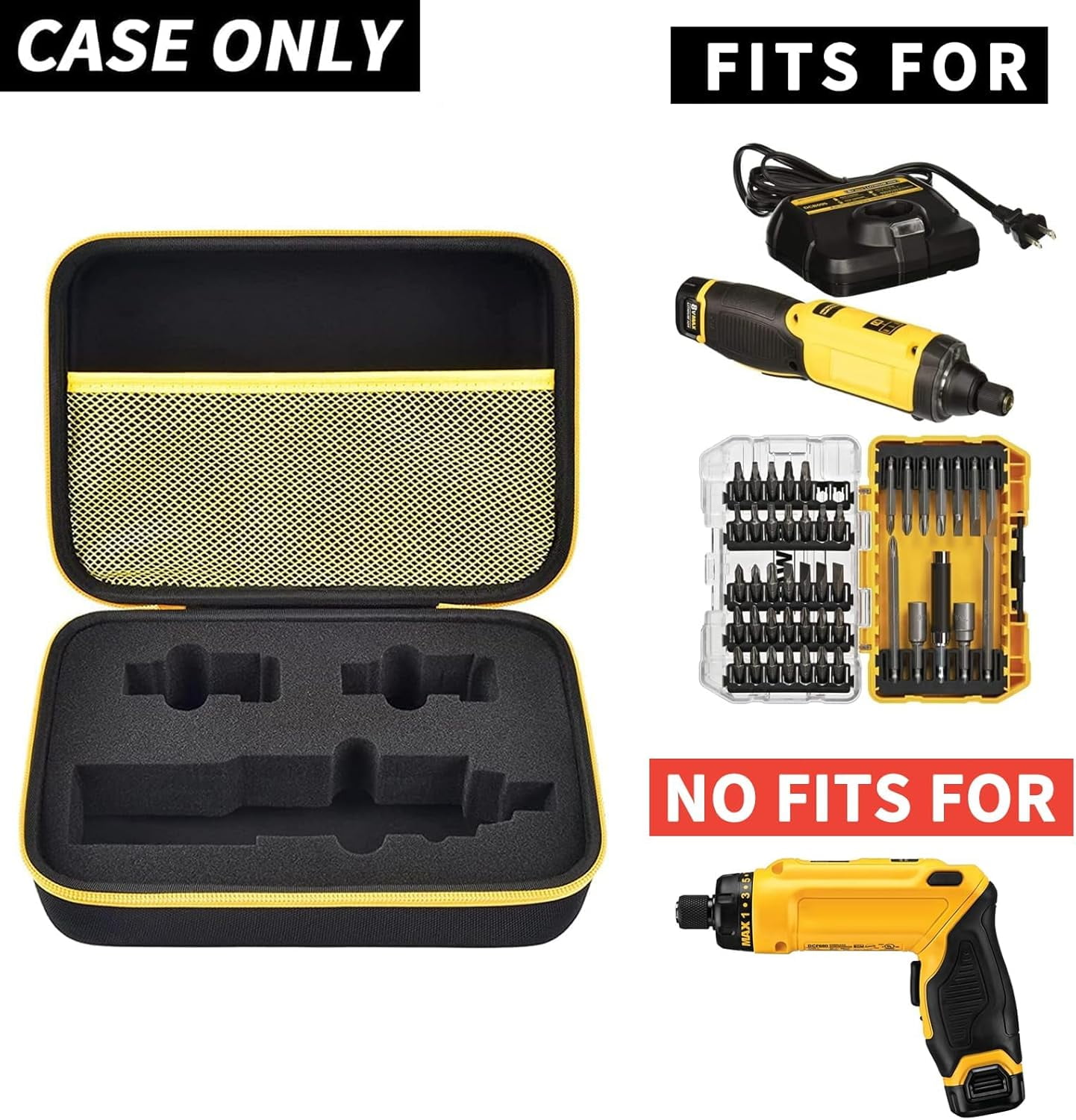 DASAW-Case Compatible with DEWALT 8V MAX Cordless Screwdriver Kit DCF682N1, Gyroscopic Storage Holder with Mesh Pocket for Electric Screwdriving Drill Bit Set, Battery Pack, Charger (Box Only)